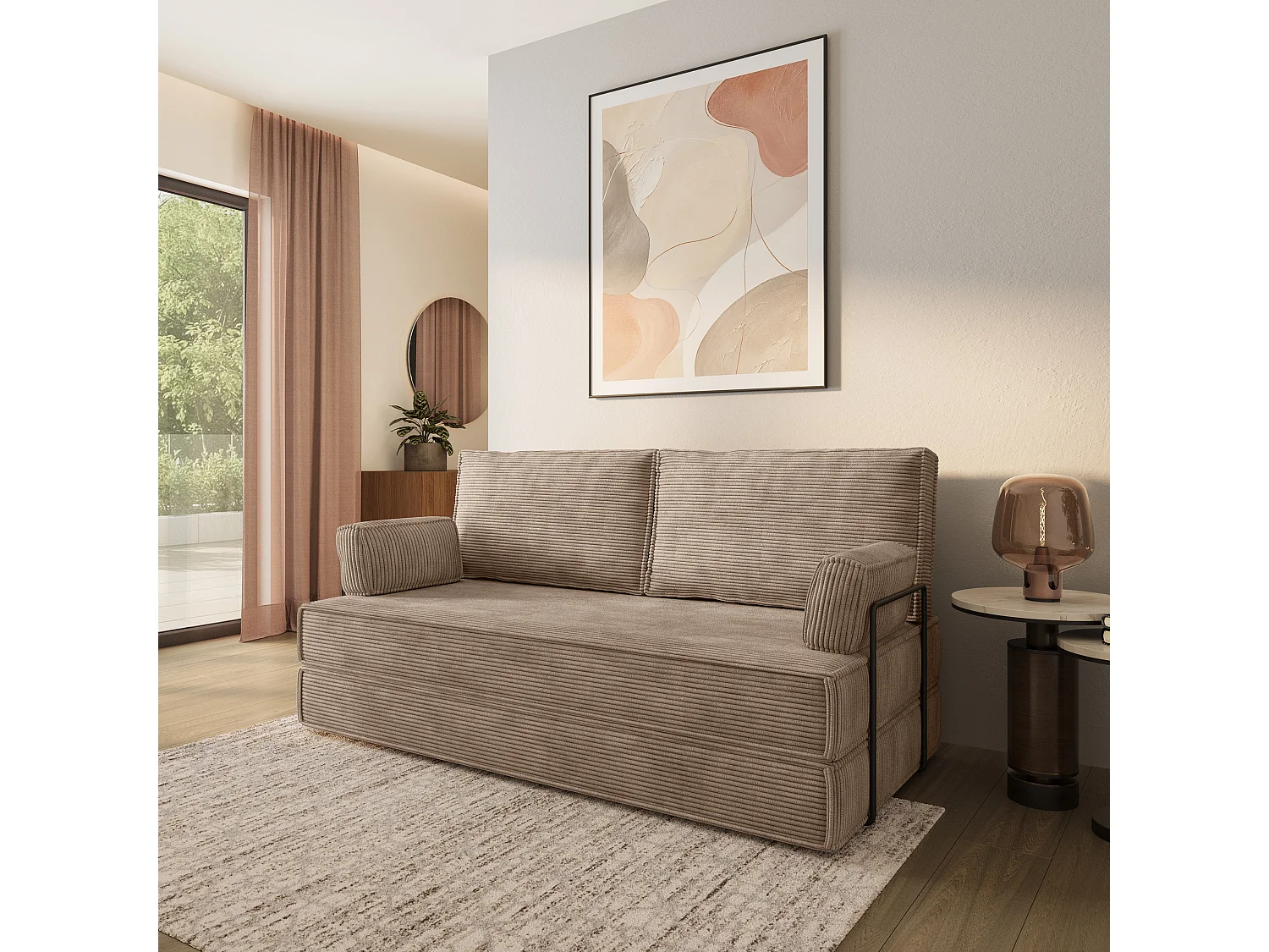 Canapé compressé SILAR avec cadre métallique, Velours côtelé POSO, Beige