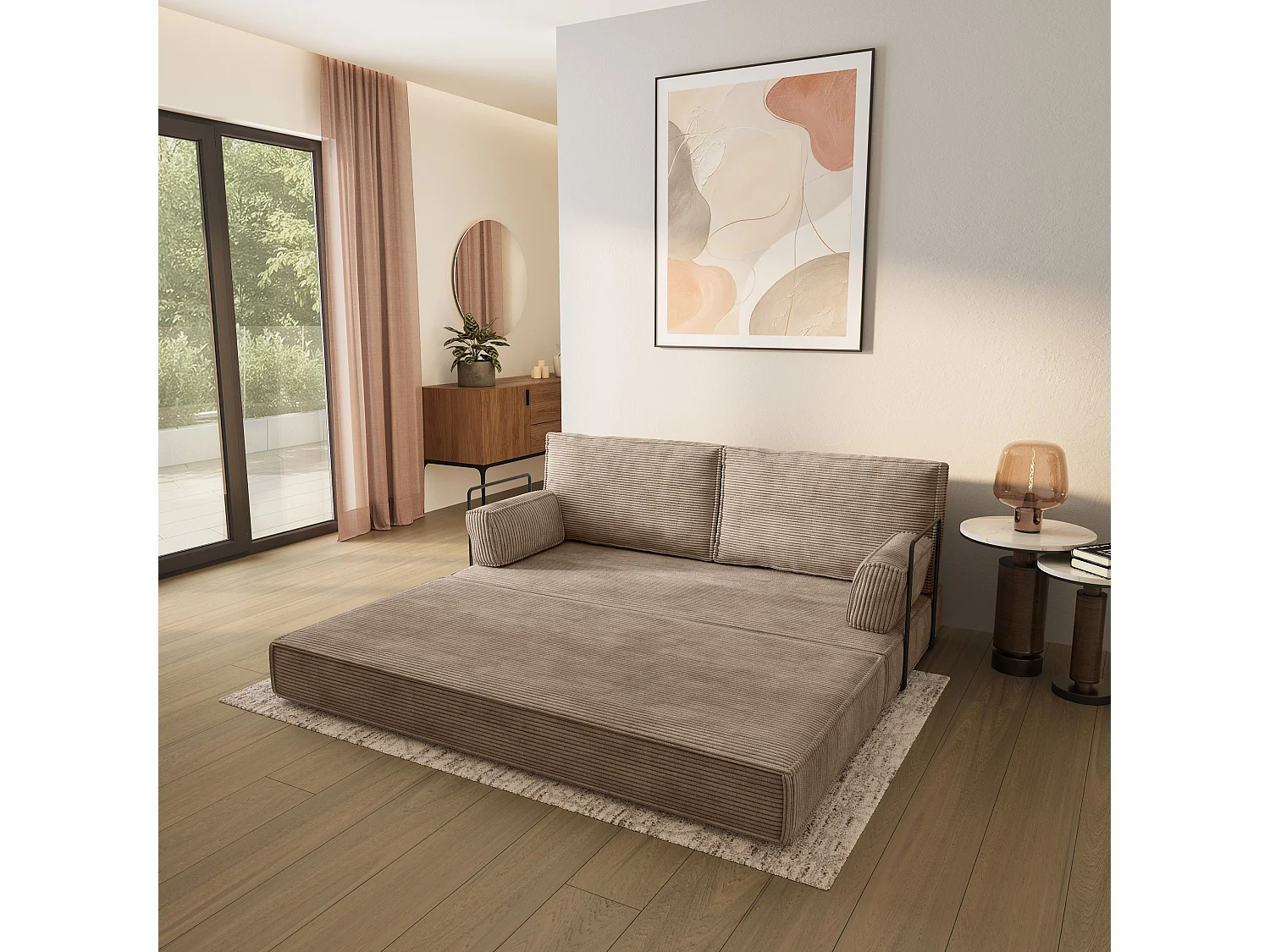 Canapé compressé SILAR avec cadre métallique, Velours côtelé POSO, Beige