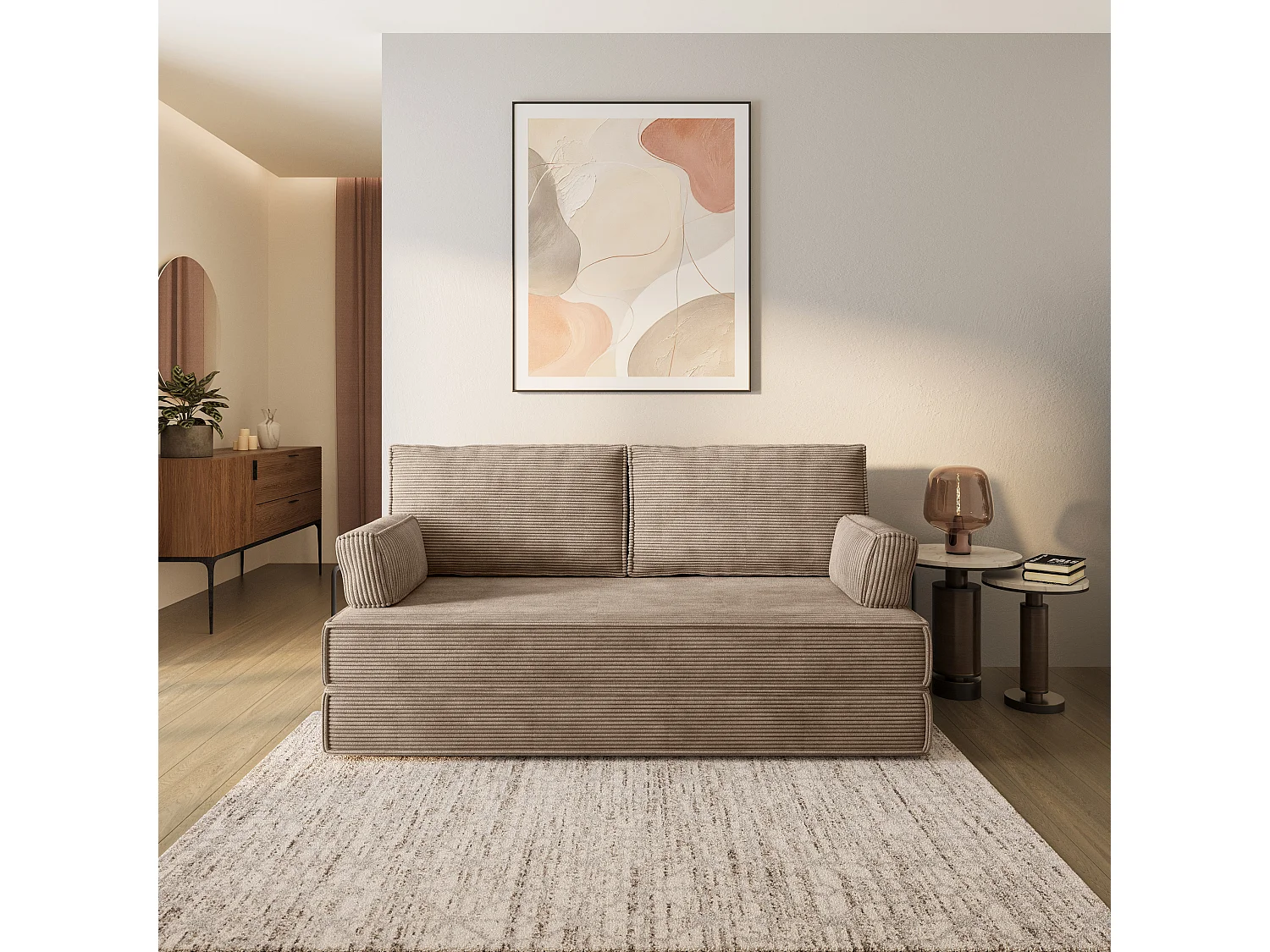 Canapé compressé SILAR avec cadre métallique, Velours côtelé POSO, Beige