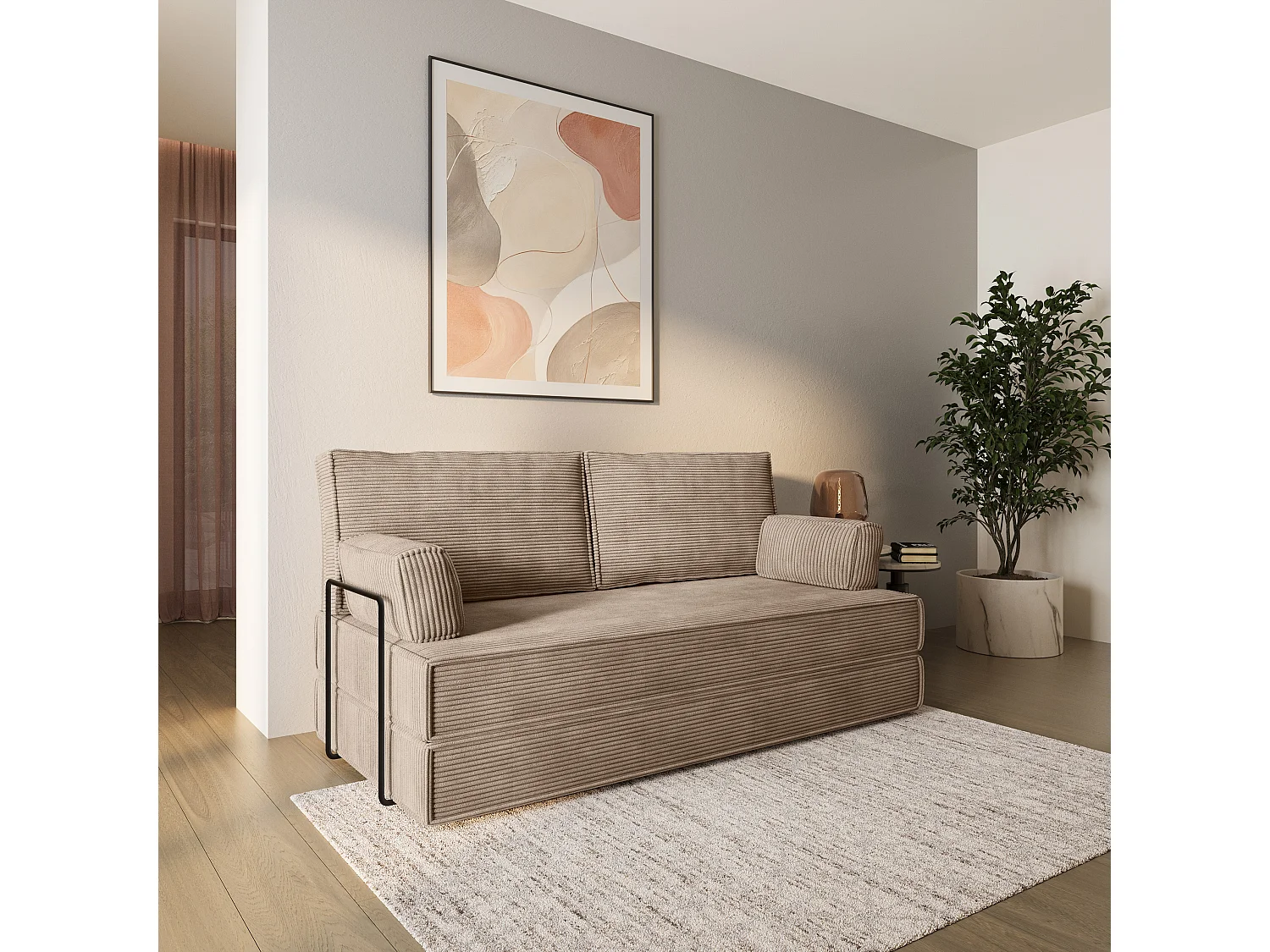 Canapé compressé SILAR avec cadre métallique, Velours côtelé POSO, Beige