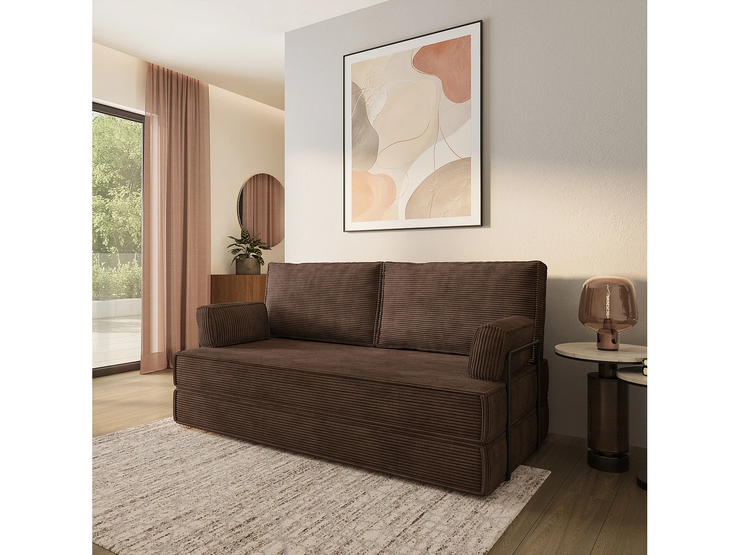 Canapé compressé SILAR avec cadre métallique, Velours côtelé POSO, Marron