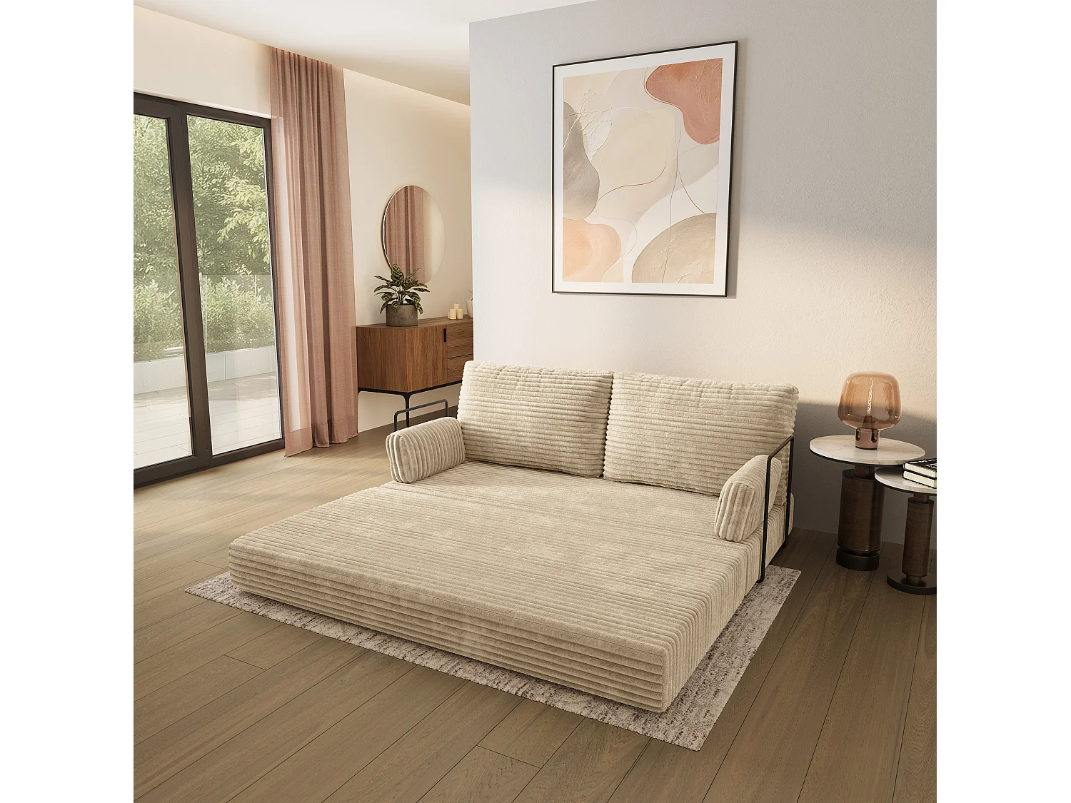 Canapé compressé SILAR avec cadre métallique, Velours côtelé TILIA, Crème