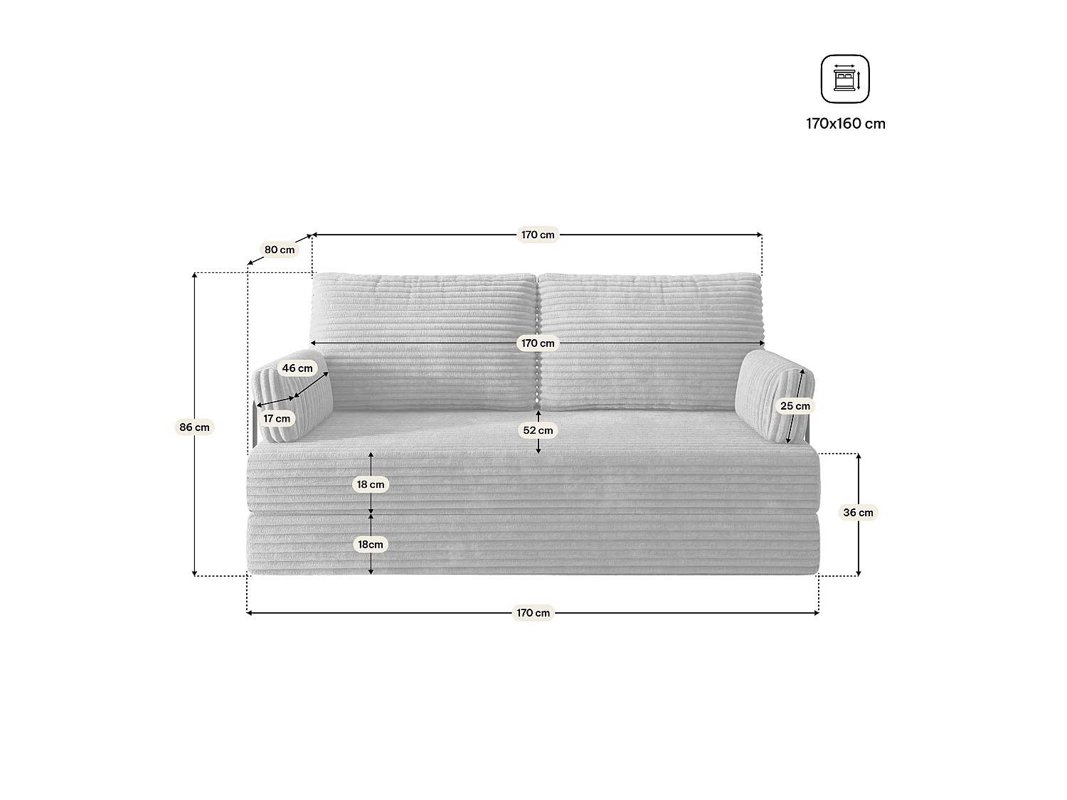 Canapé compressé SILAR avec cadre métallique, Velours côtelé TILIA, Crème