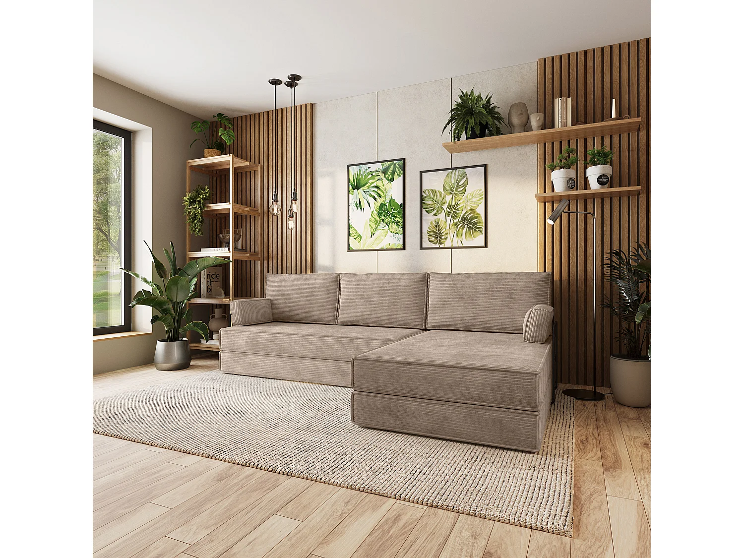 Canapé convertible compressé ANKO, avec cadre métallique, velours côtelé POSO Beige