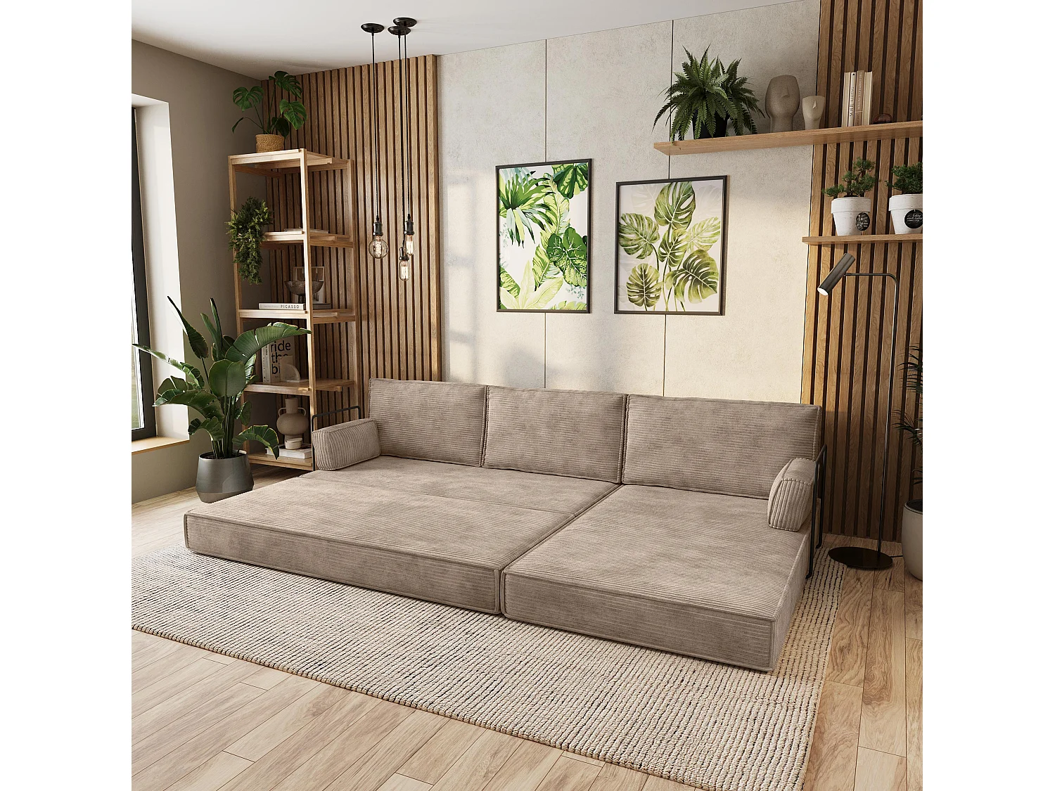 Canapé convertible compressé ANKO, avec cadre métallique, velours côtelé POSO Beige
