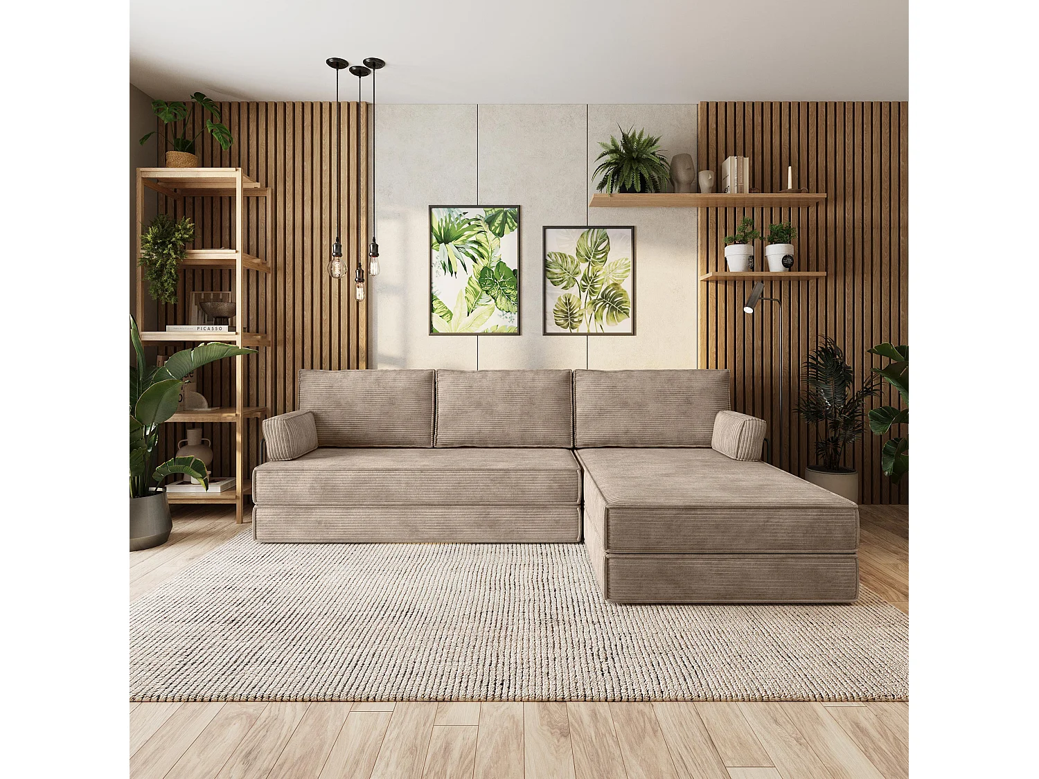 Canapé convertible compressé ANKO, avec cadre métallique, velours côtelé POSO Beige