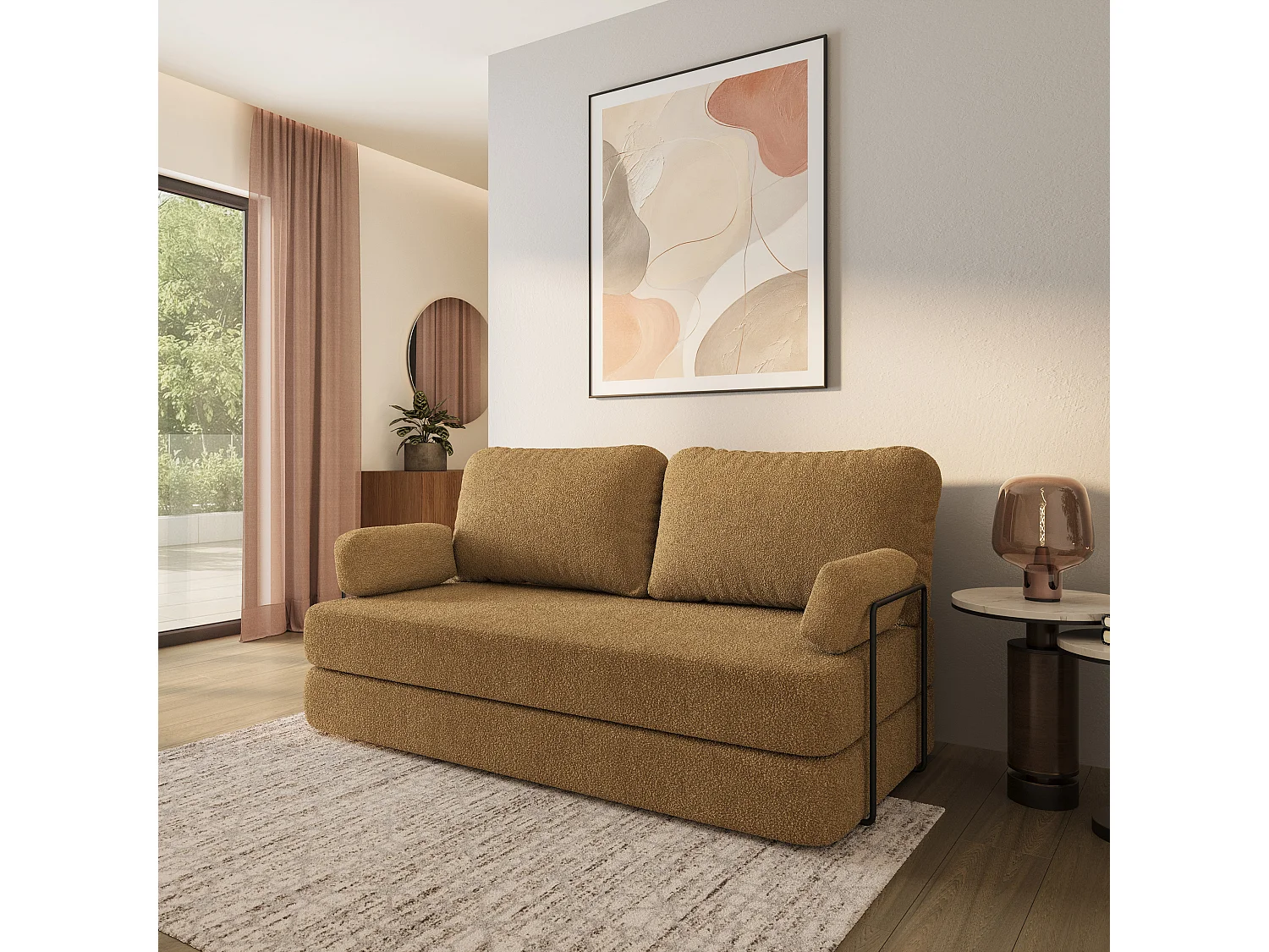 Canapé compressé NIKSI avec cadre métallique, Tissu bouclé, Miel