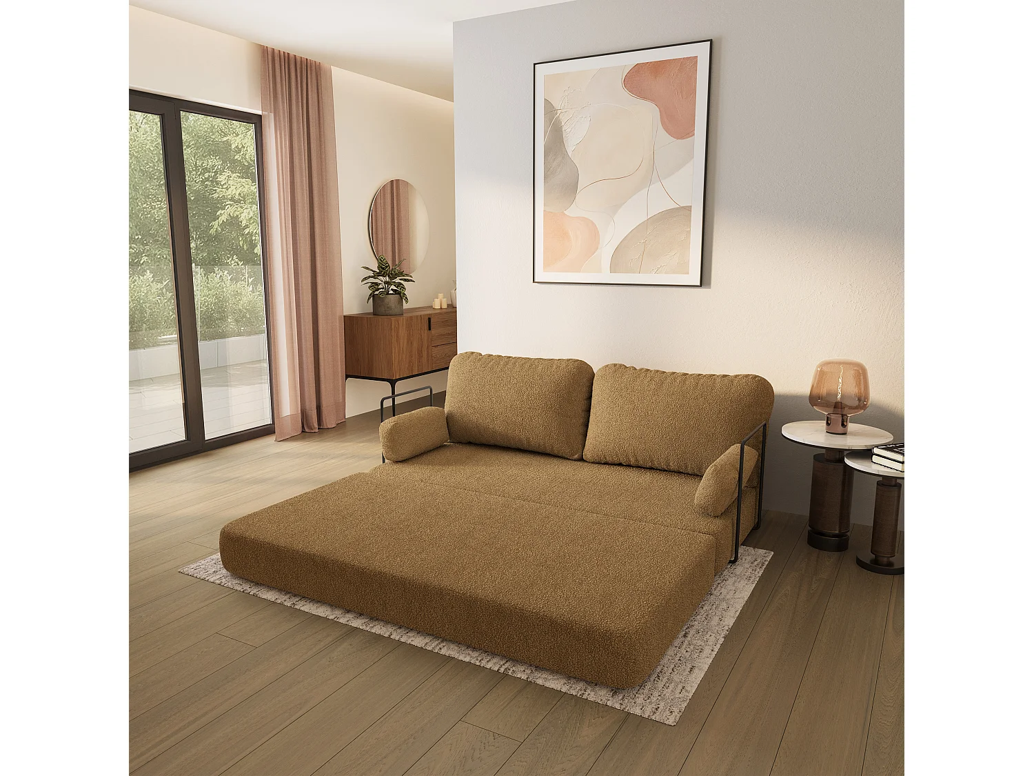Canapé compressé NIKSI avec cadre métallique, Tissu bouclé, Miel