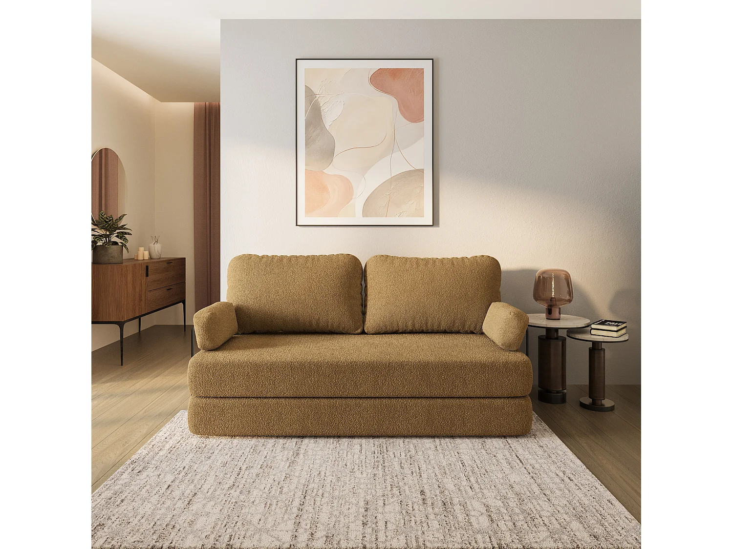 Canapé compressé NIKSI avec cadre métallique, Tissu bouclé, Miel