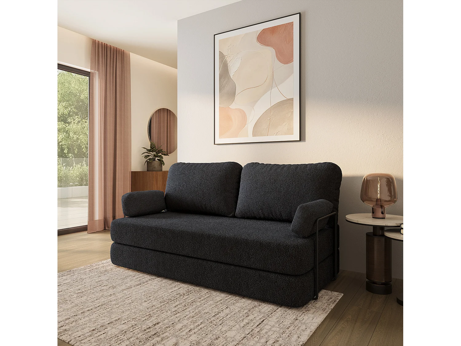 Canapé compressé NIKSI avec cadre métallique, Tissu bouclé, Noir