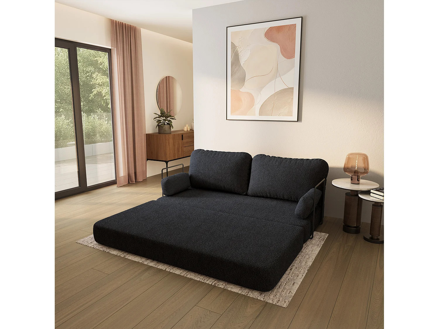 Canapé compressé NIKSI avec cadre métallique, Tissu bouclé, Noir