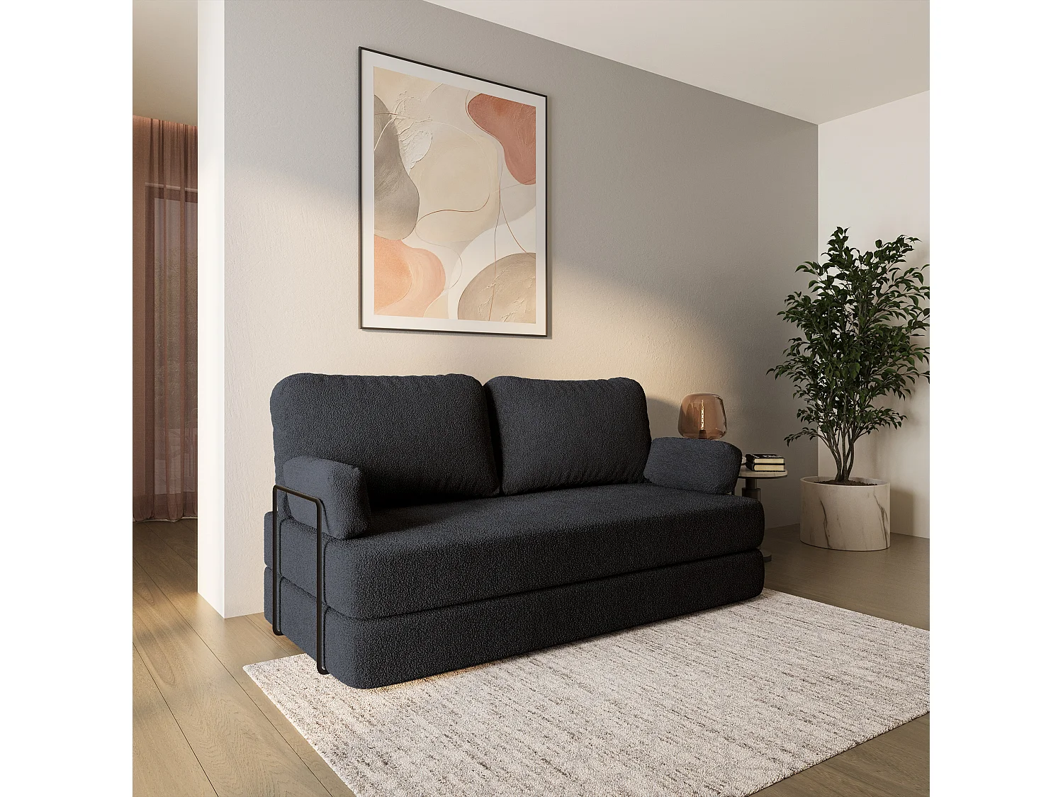 Canapé compressé NIKSI avec cadre métallique, Tissu bouclé, Noir