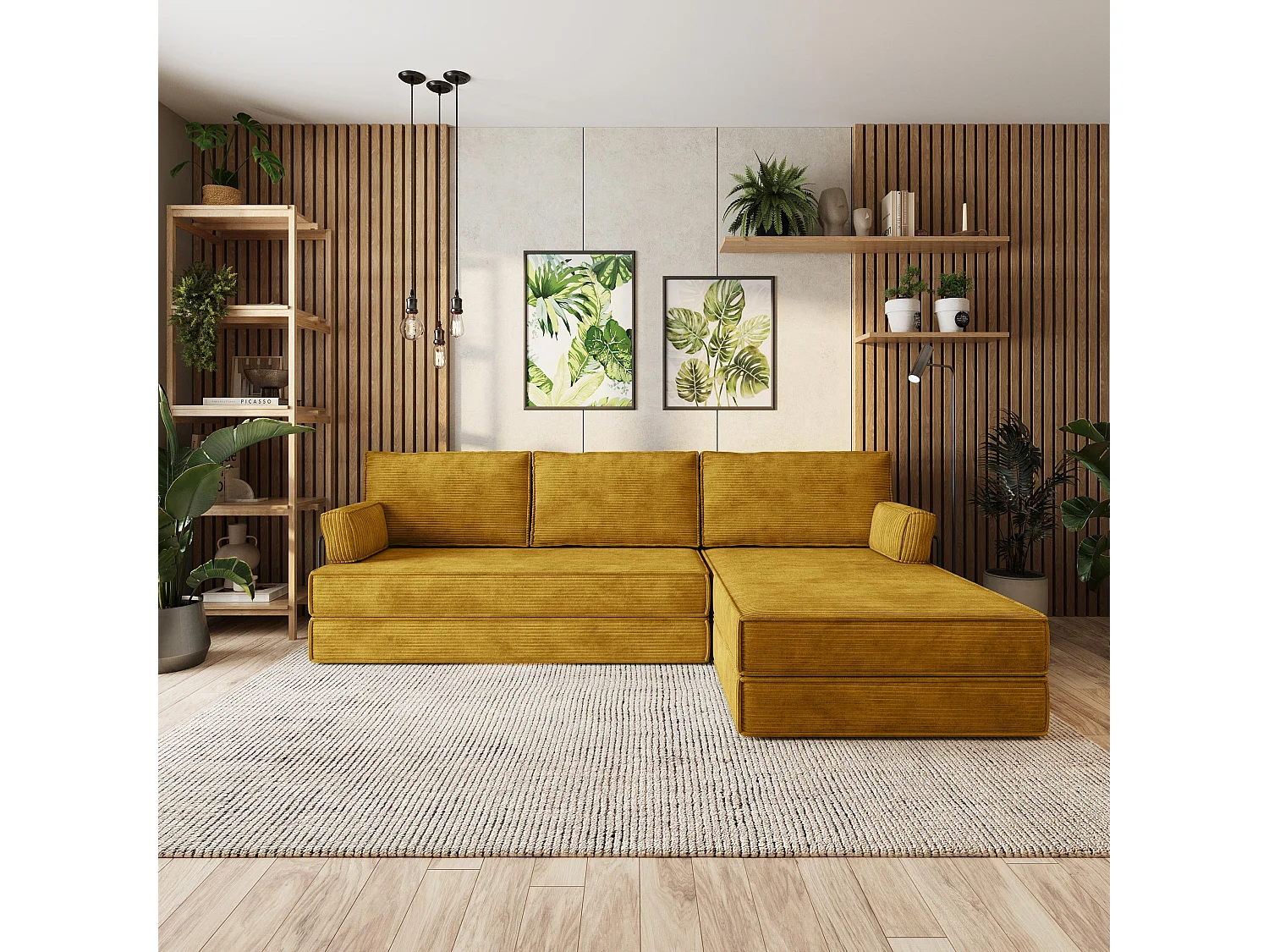 Canapé convertible compressé ANKO, avec cadre métallique, velours côtelé POSO Jaune