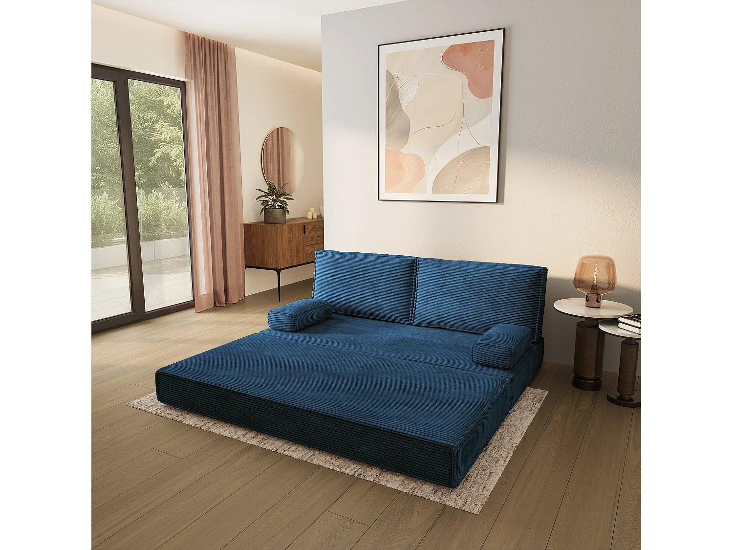 Canapé compressé SILAR sans cadre métallique, Velours côtelé POSO, Bleu