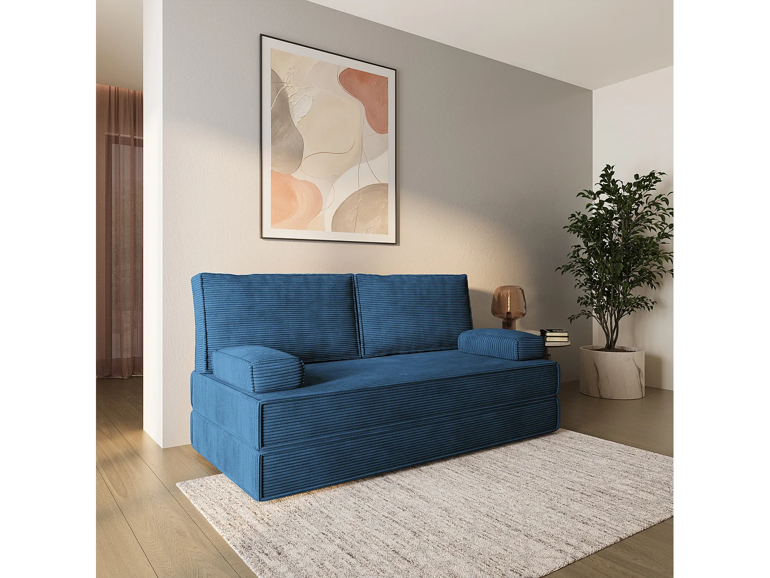 Canapé compressé SILAR sans cadre métallique, Velours côtelé POSO, Bleu