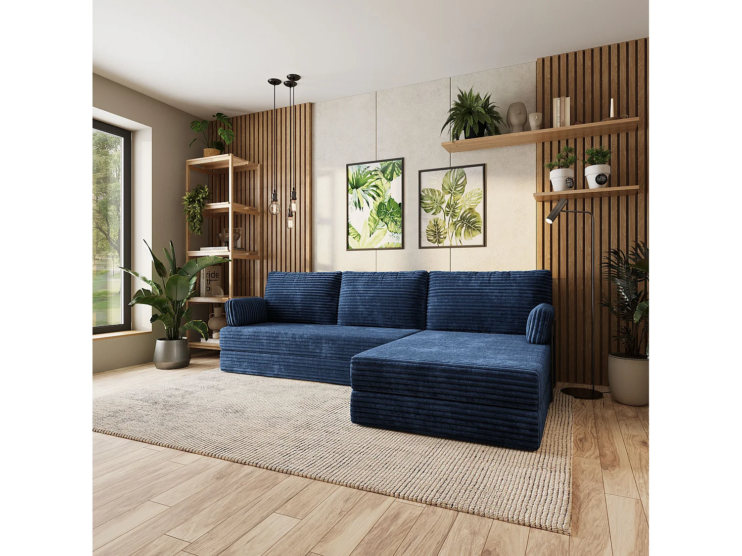 Canapé convertible compressé ANKO, avec cadre métallique, velours côtelé TILIA Bleu