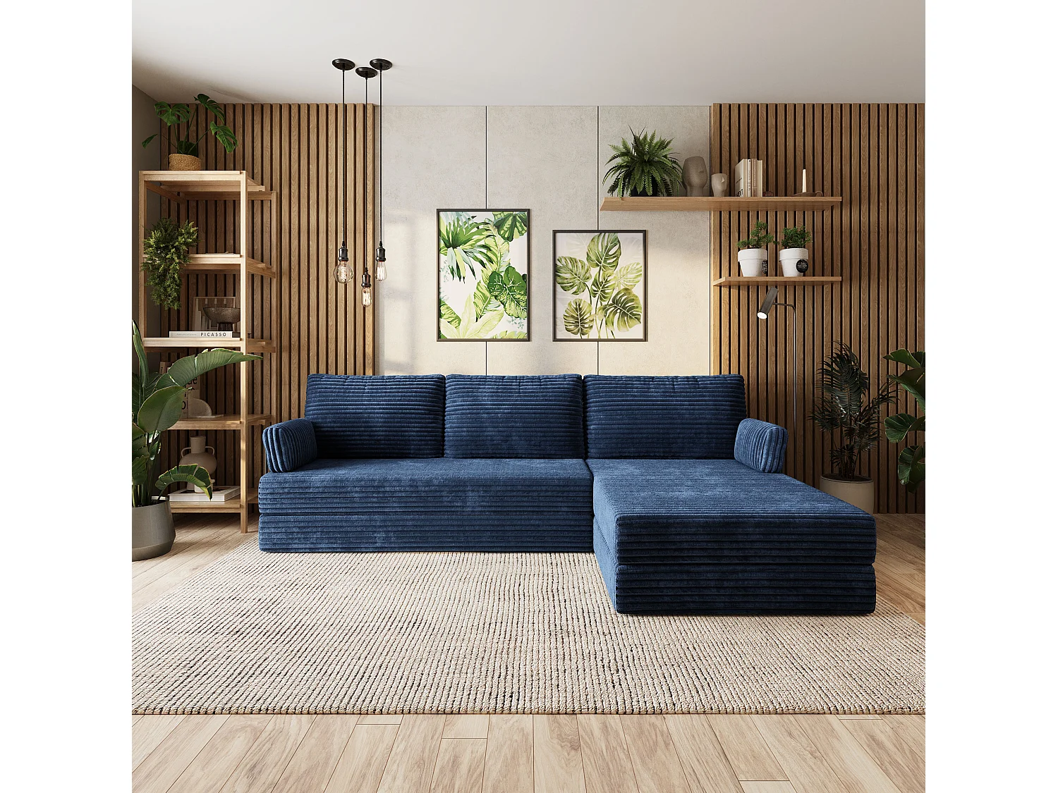 Canapé convertible compressé ANKO, avec cadre métallique, velours côtelé TILIA Bleu