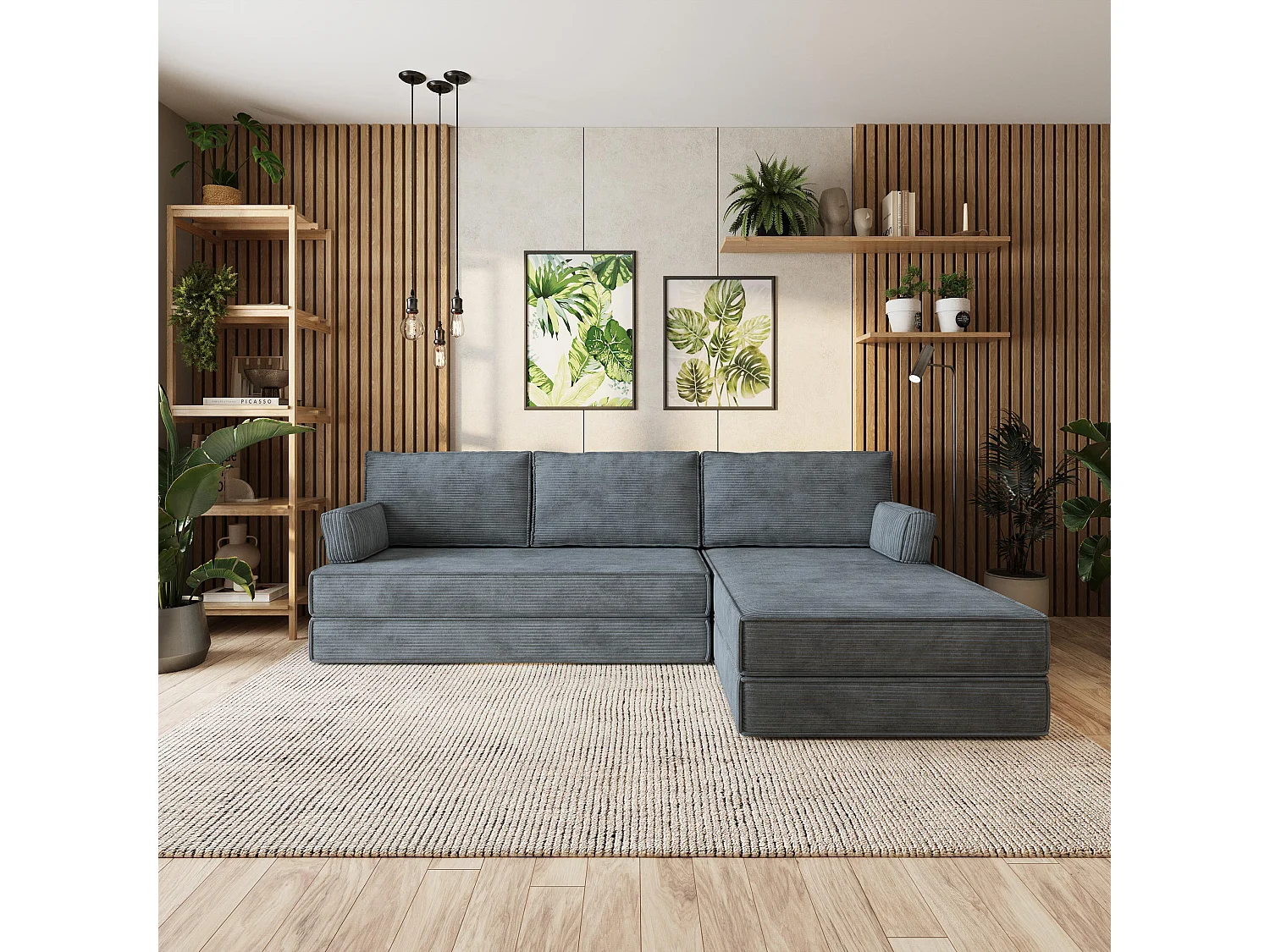 Canapé convertible compressé ANKO, avec cadre métallique, velours côtelé POSO Gris