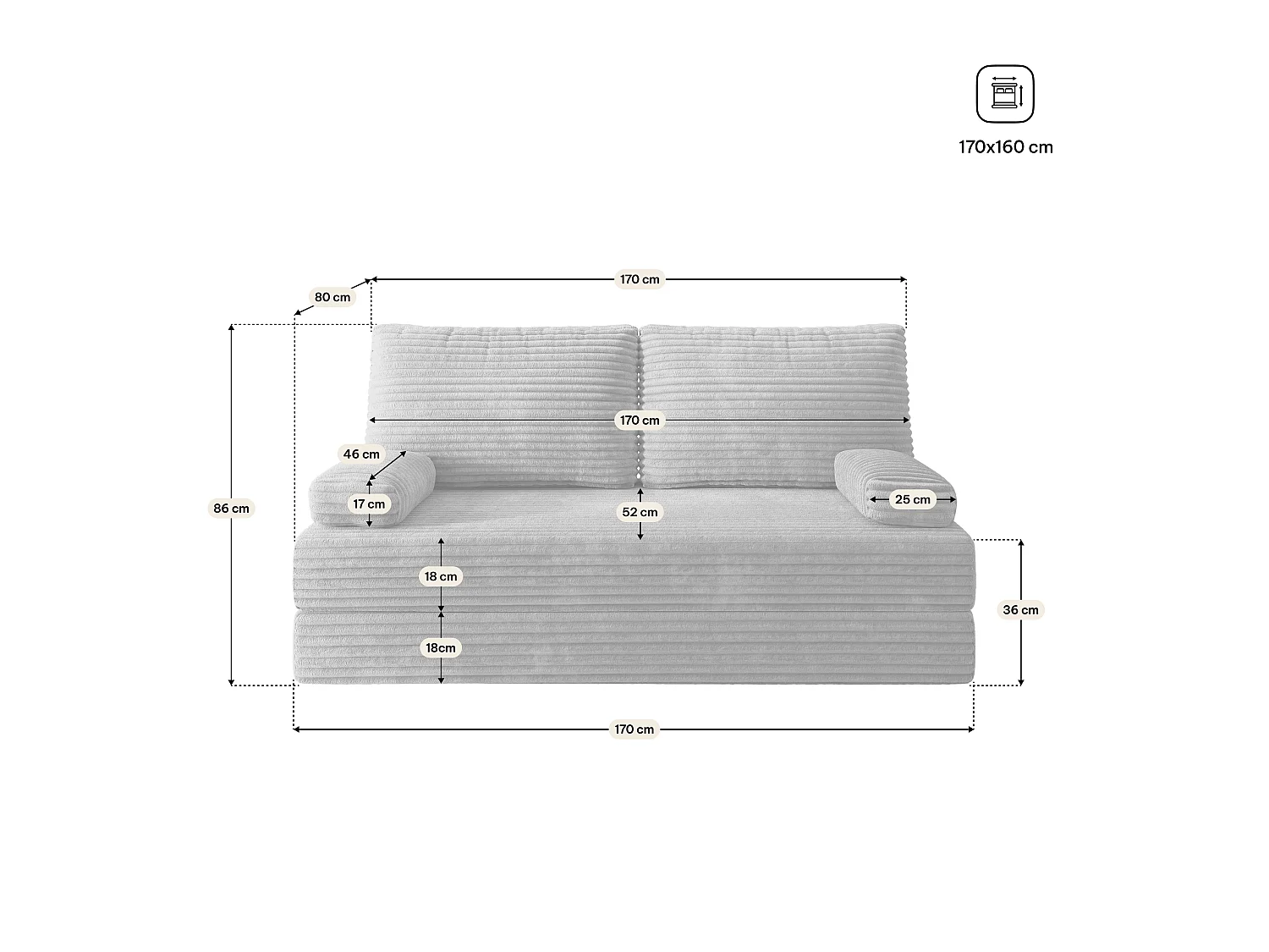 Canapé compressé SILAR sans cadre métallique, Velours côtelé TILIA, Gris clair