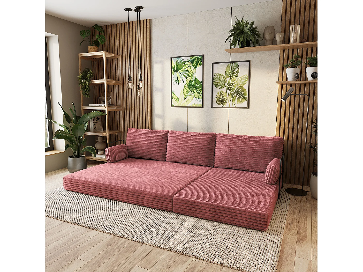 Canapé convertible compressé ANKO, avec cadre métallique, velours côtelé TILIA Rose