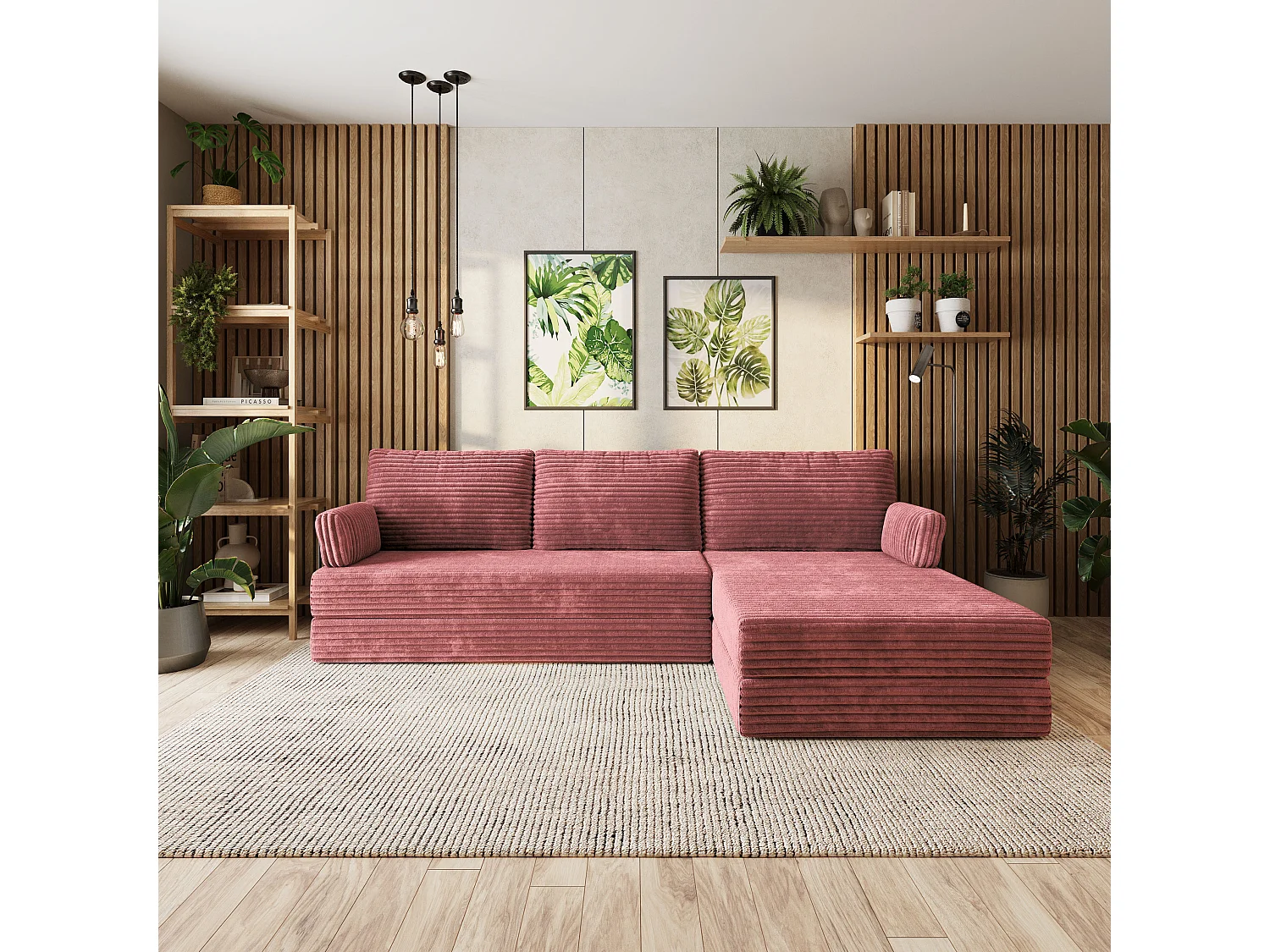 Canapé convertible compressé ANKO, avec cadre métallique, velours côtelé TILIA Rose
