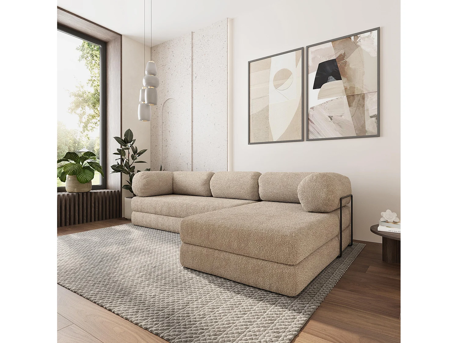 Canapé convertible compressé KELI, avec cadre métallique, bouclé Beige