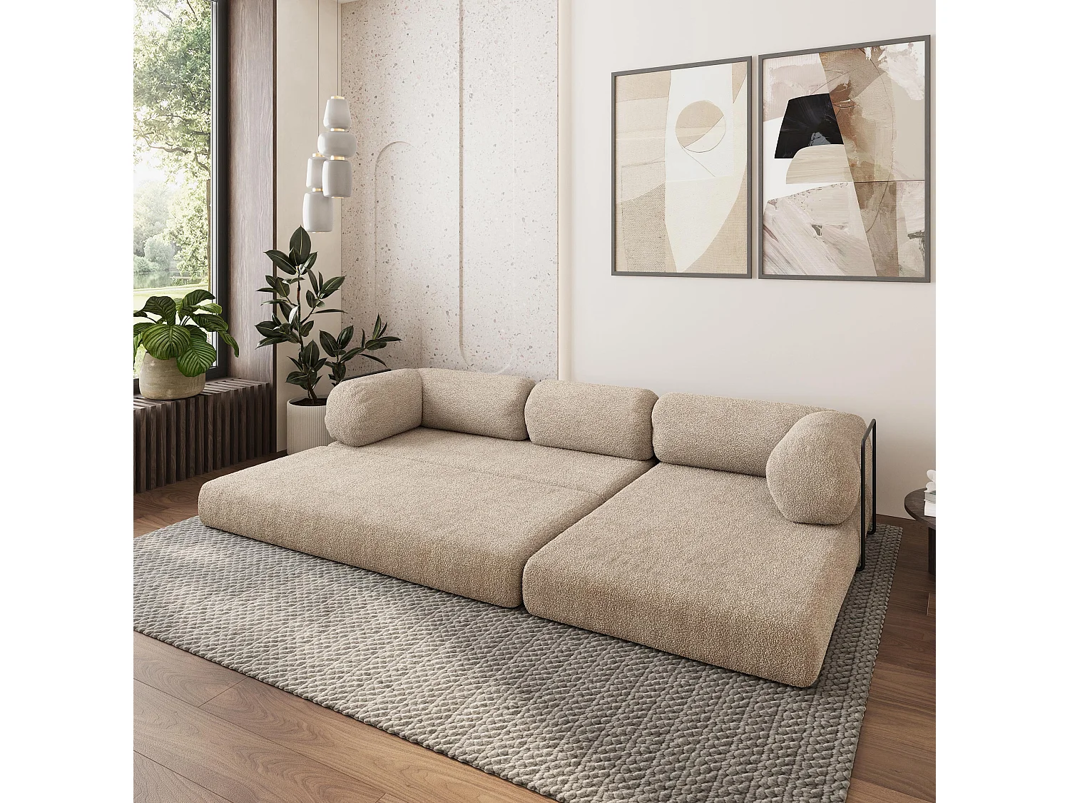 Canapé convertible compressé KELI, avec cadre métallique, bouclé Beige