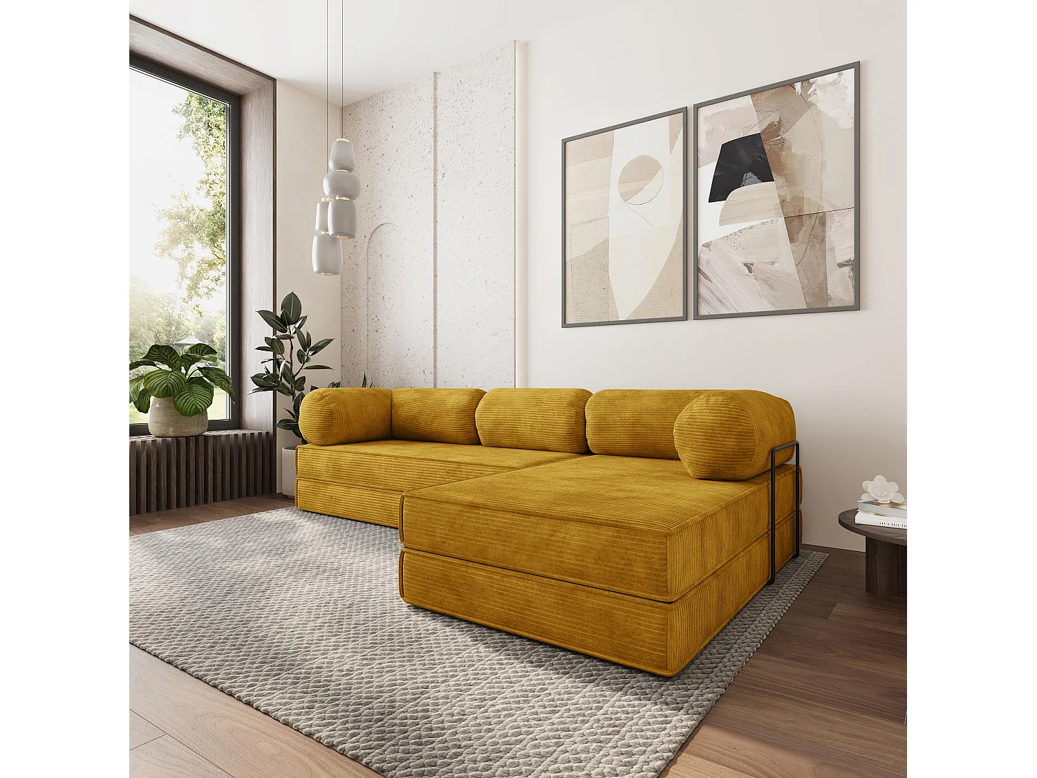Canapé convertible compressé ETERA, avec cadre métallique, velours côtelé POSO Jaune