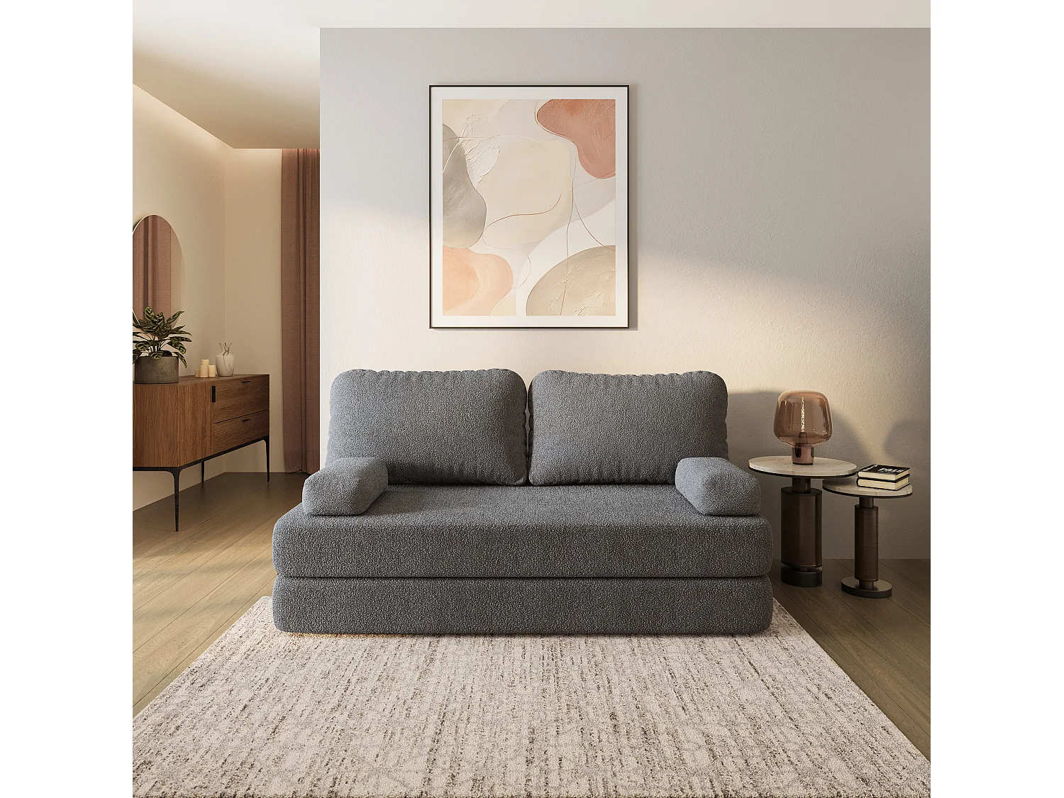 Canapé compressé NIKSI sans cadre métallique, Tissu bouclé, Gris