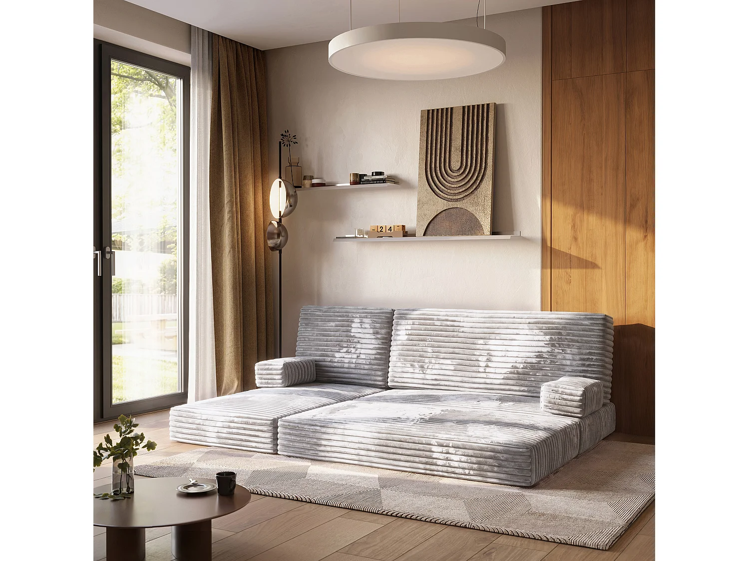 Canapé convertible compressé NOTIA, sans cadre métallique, velours côtelé TILIA Gris clair