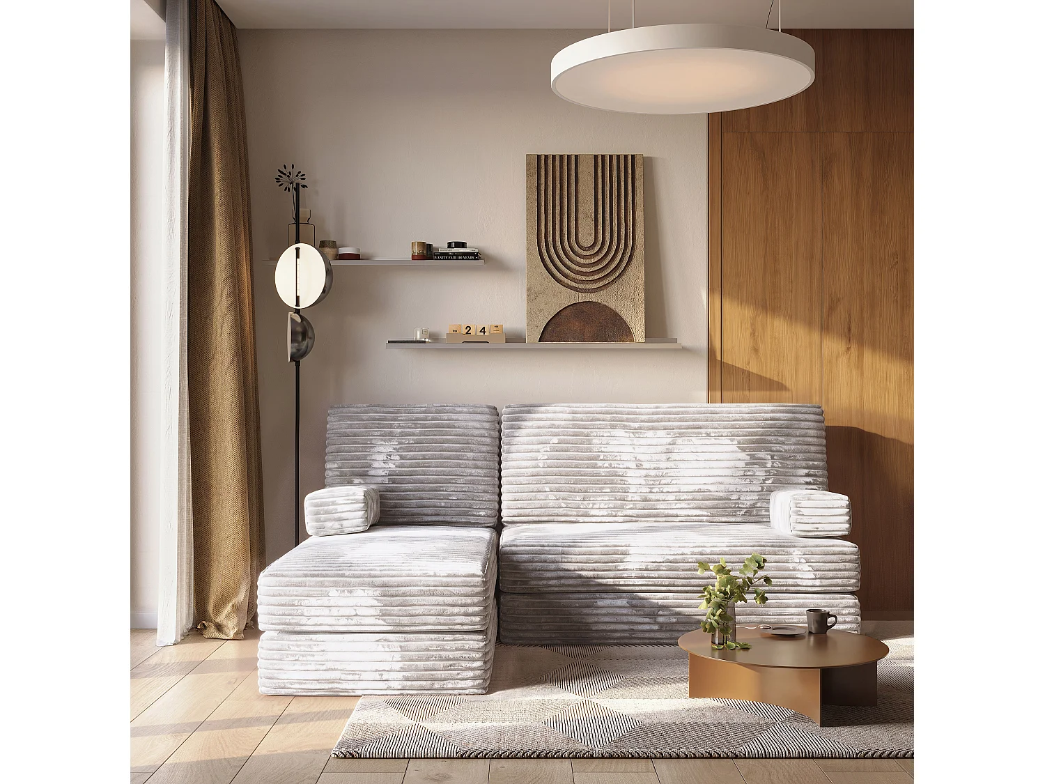 Canapé convertible compressé NOTIA, sans cadre métallique, velours côtelé TILIA Gris clair