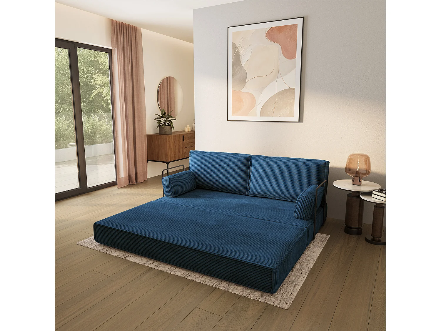 Canapé compressé SILAR avec cadre métallique, Velours côtelé POSO, Bleu