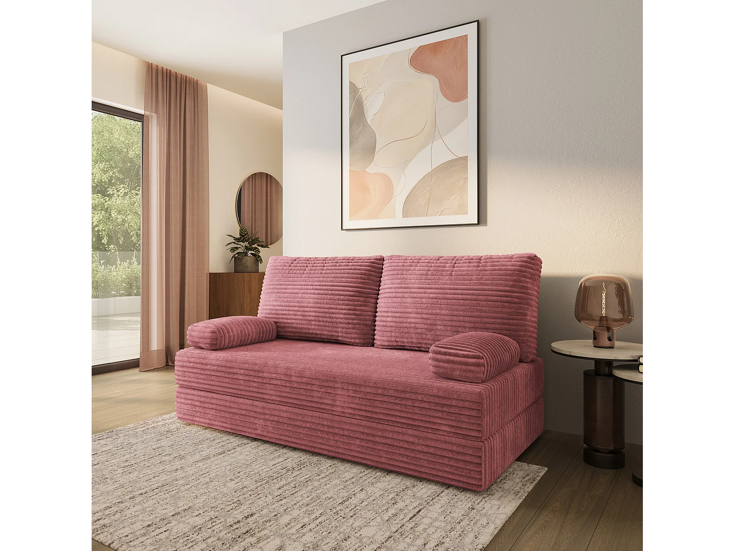 Canapé compressé SILAR sans cadre métallique, Velours côtelé TILIA, Rose poudré