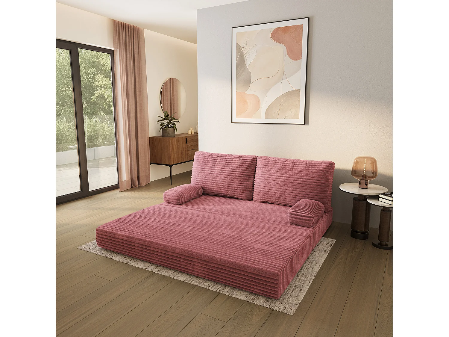 Canapé compressé SILAR sans cadre métallique, Velours côtelé TILIA, Rose poudré