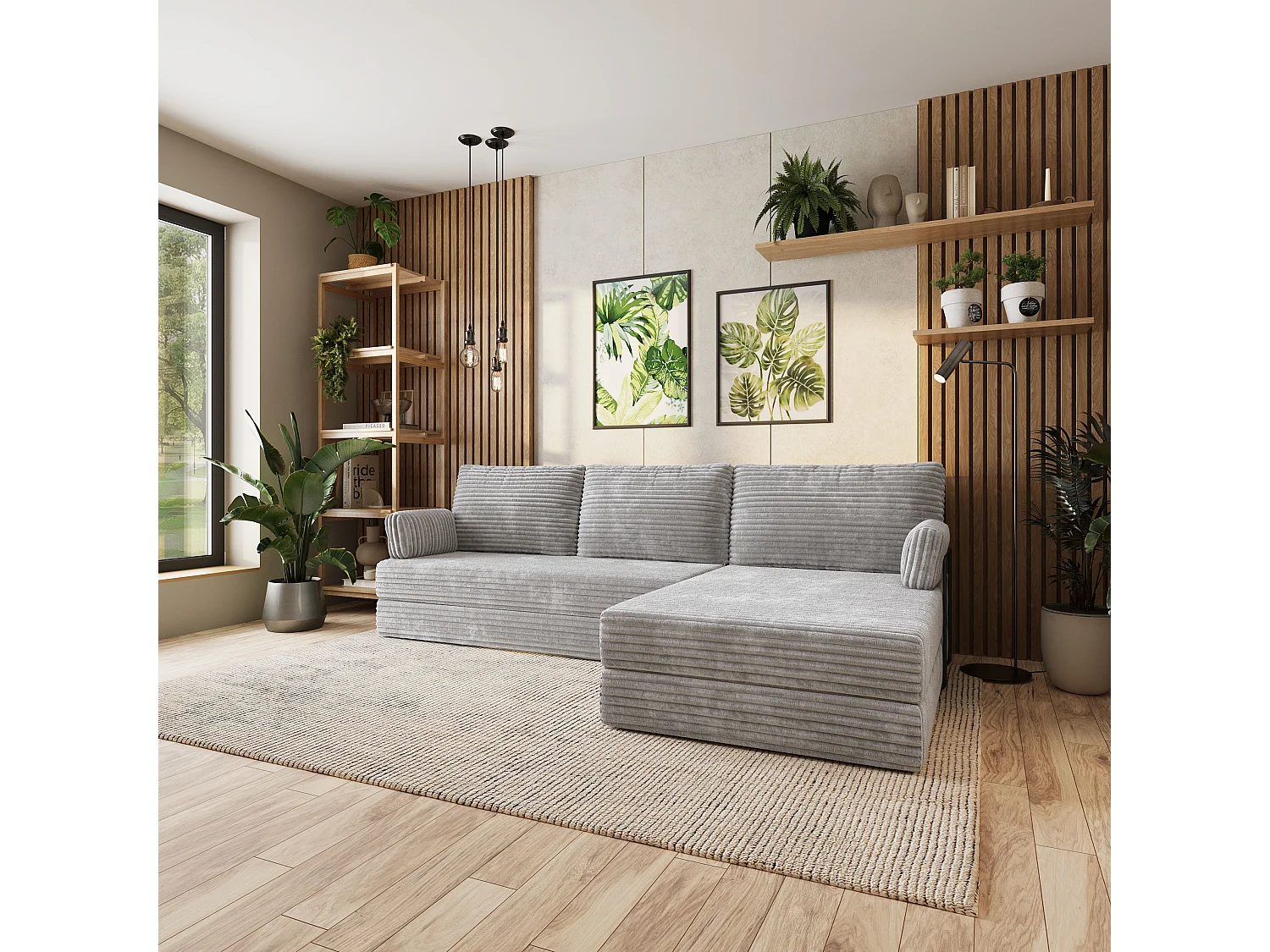 Canapé convertible compressé ANKO, avec cadre métallique, velours côtelé TILIA Gris clair