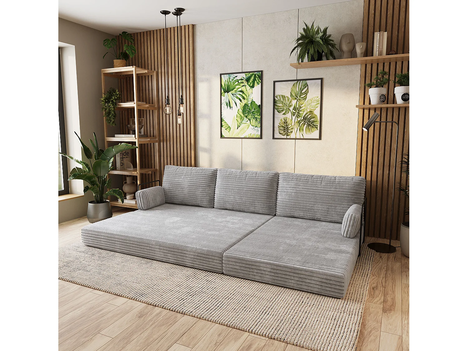 Canapé convertible compressé ANKO, avec cadre métallique, velours côtelé TILIA Gris clair