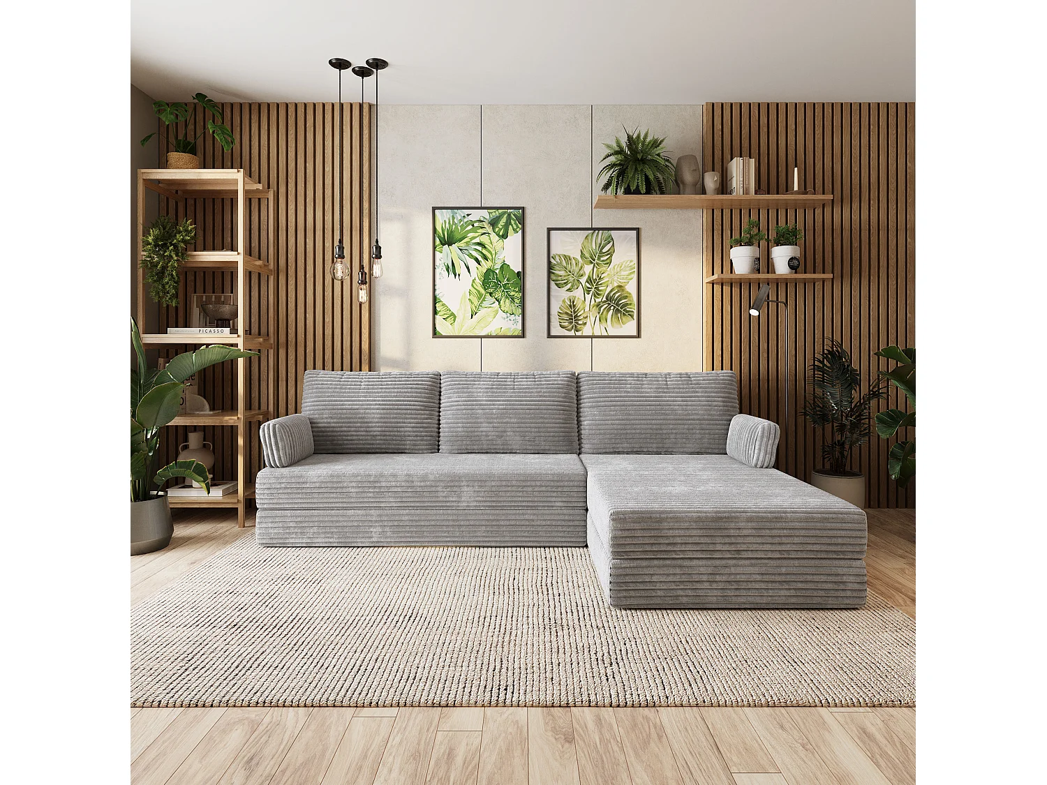 Canapé convertible compressé ANKO, avec cadre métallique, velours côtelé TILIA Gris clair
