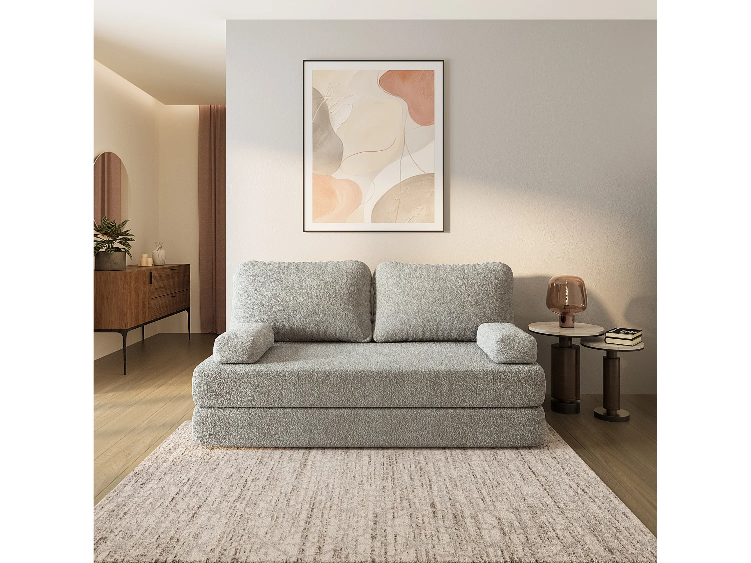Canapé compressé NIKSI sans cadre métallique, Tissu bouclé, Gris clair