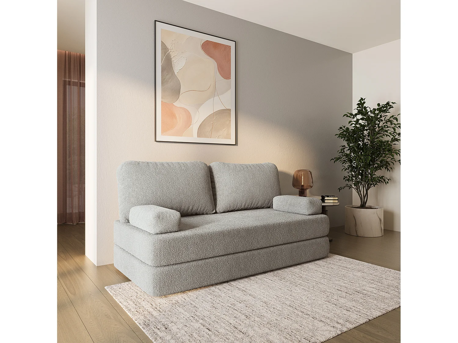 Canapé compressé NIKSI sans cadre métallique, Tissu bouclé, Gris clair