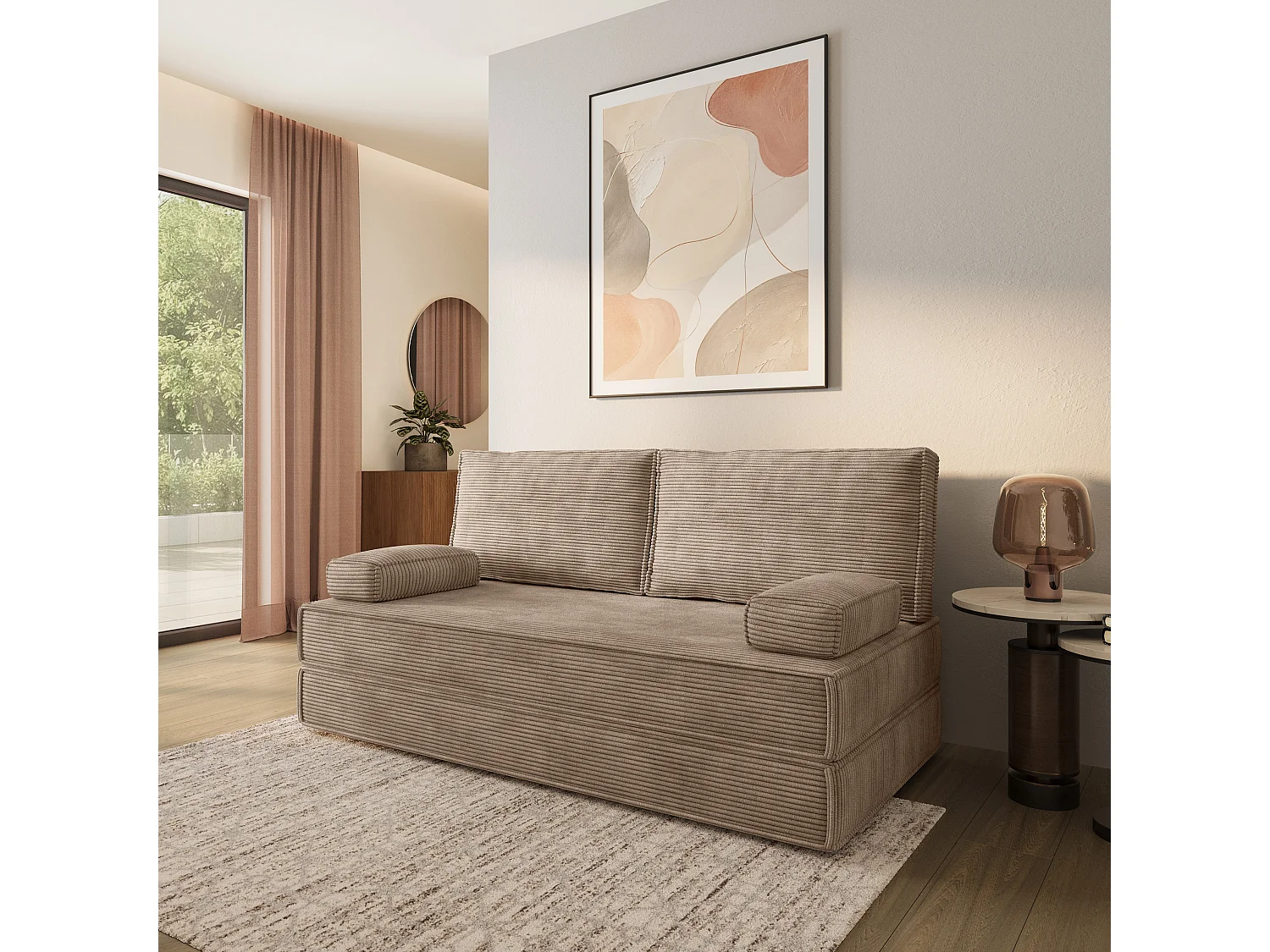 Canapé compressé SILAR sans cadre métallique, Velours côtelé POSO, Beige