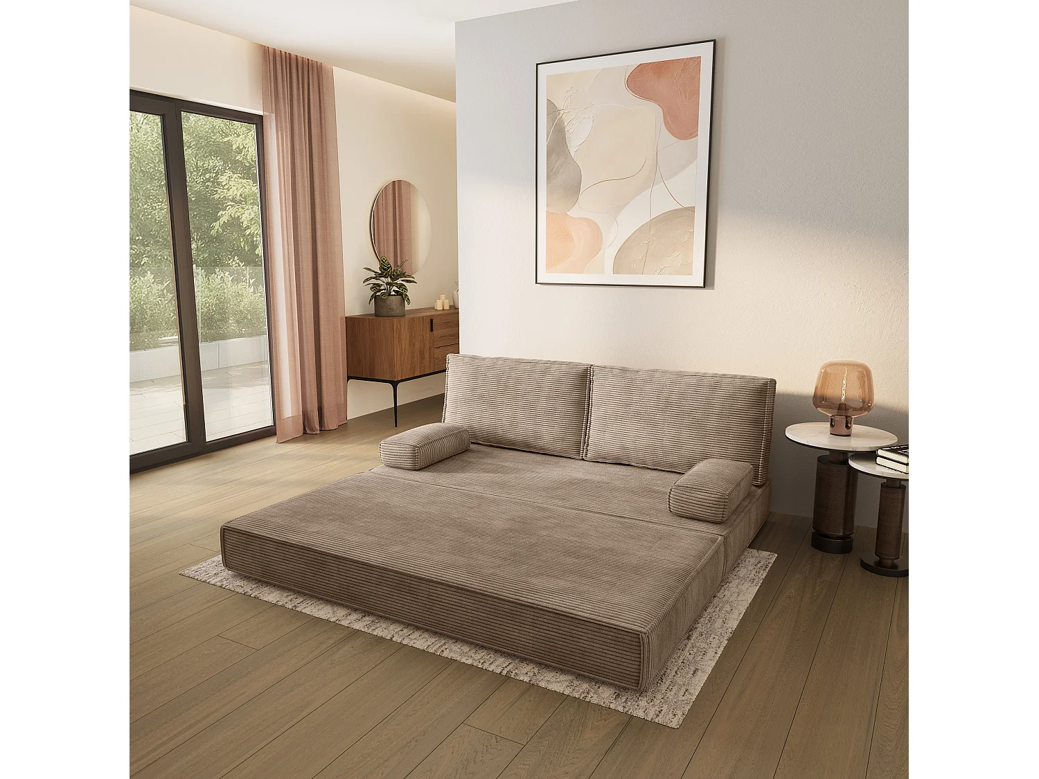 Canapé compressé SILAR sans cadre métallique, Velours côtelé POSO, Beige