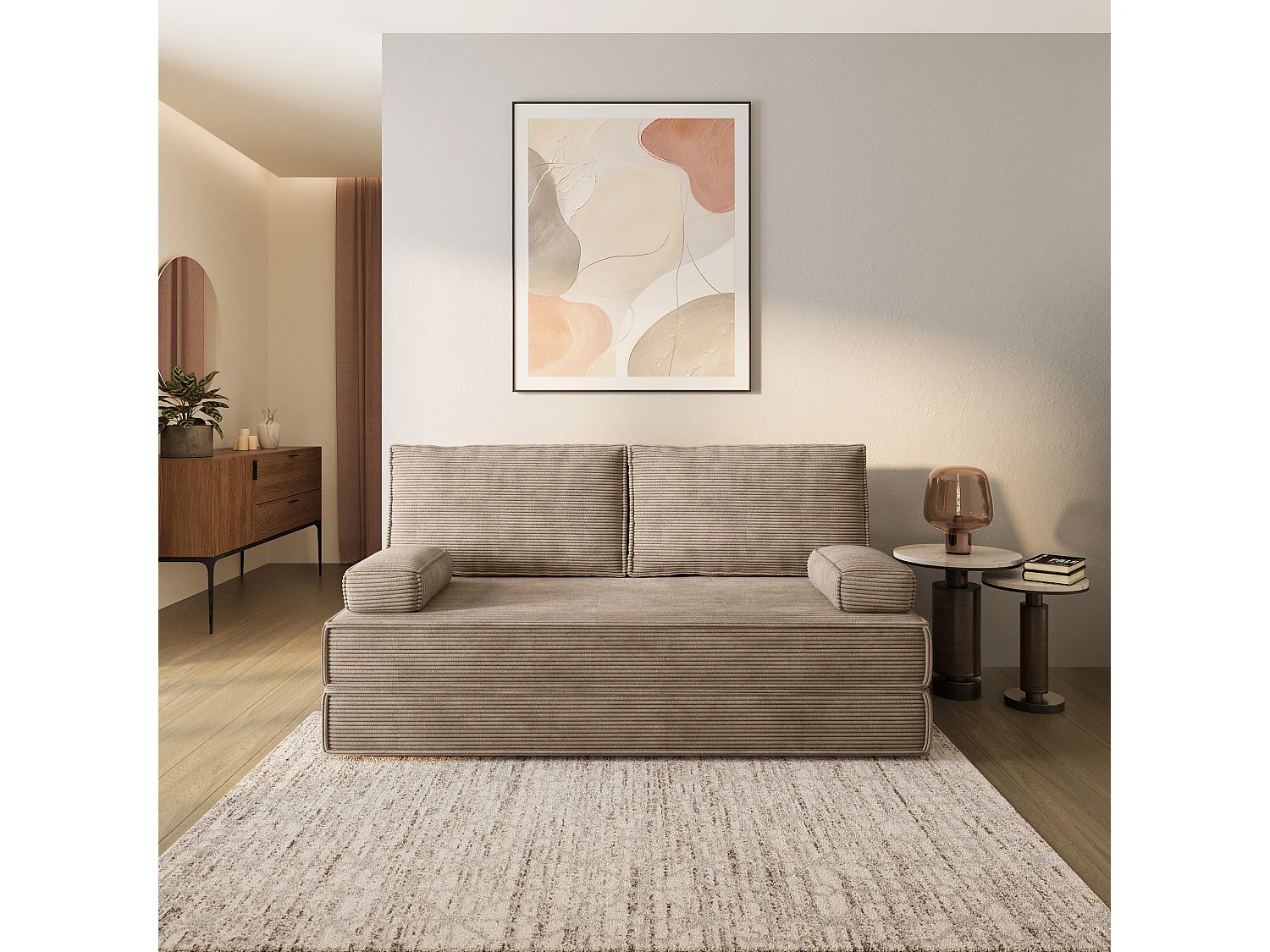 Canapé compressé SILAR sans cadre métallique, Velours côtelé POSO, Beige