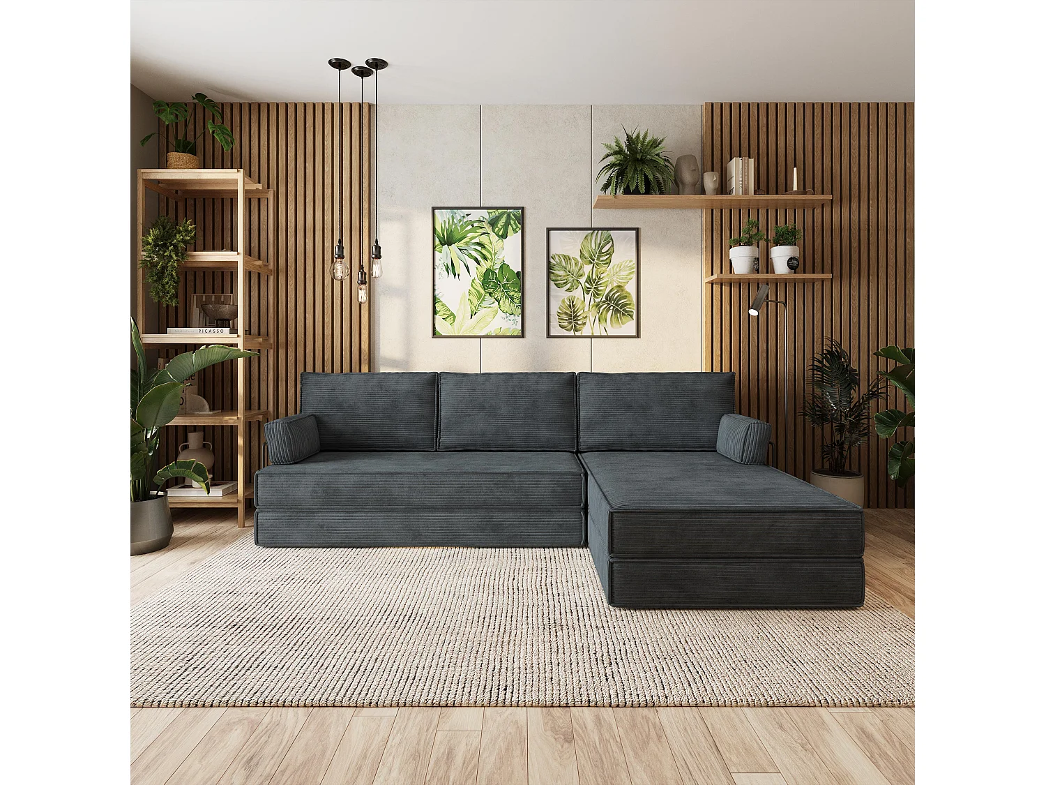 Canapé convertible compressé ANKO, avec cadre métallique, velours côtelé POSO Gris