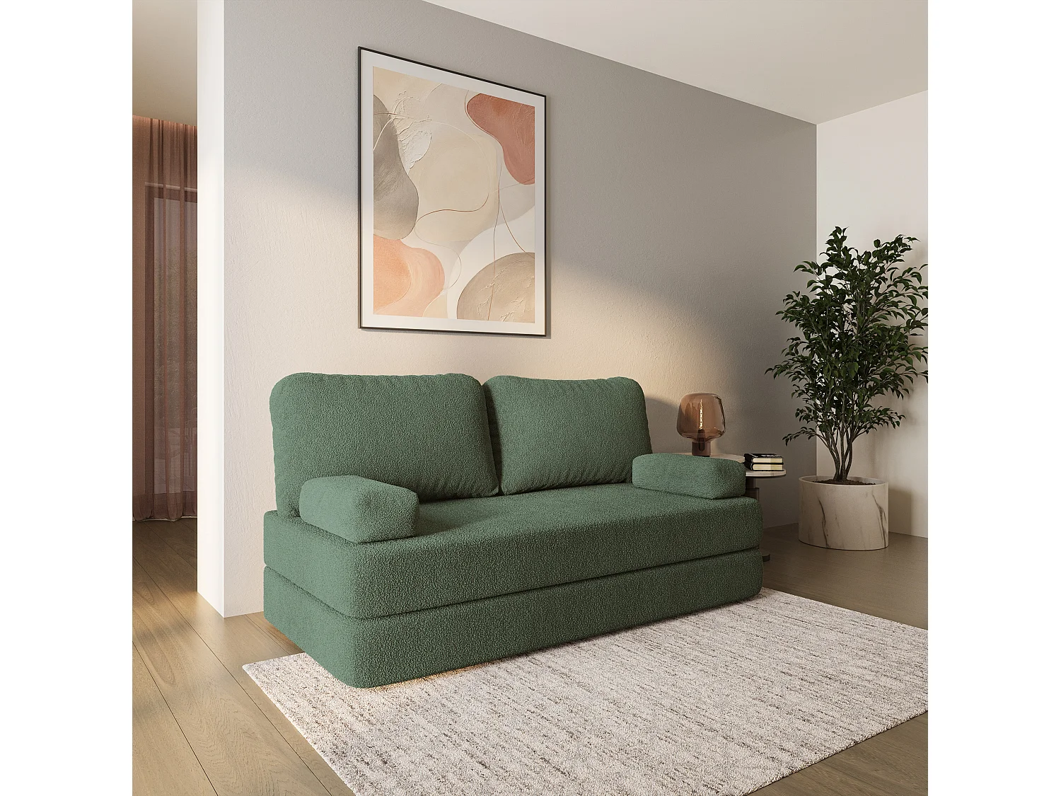 Canapé compressé NIKSI sans cadre métallique, Tissu bouclé, Vert