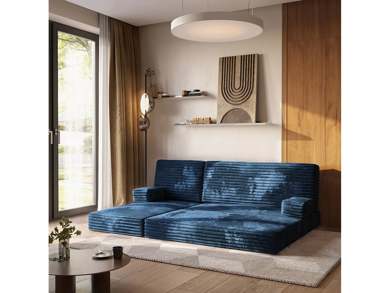 Canapé convertible compressé NOTIA, sans cadre métallique, velours côtelé TILIA Bleu