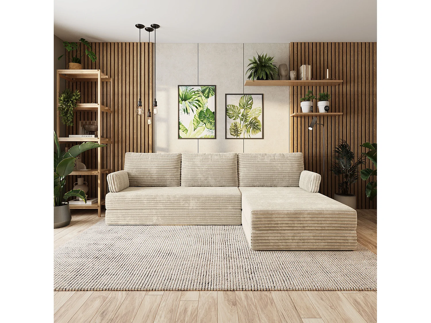 Canapé convertible compressé ANKO, avec cadre métallique, velours côtelé TILIA Crème