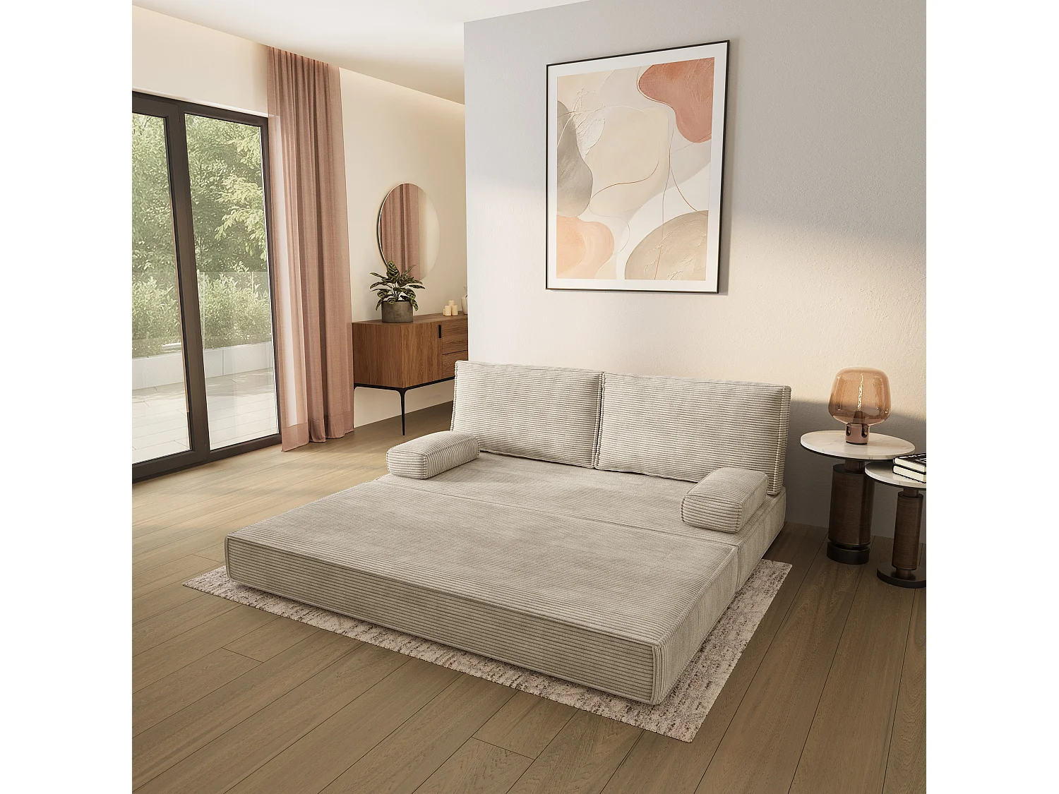 Canapé compressé SILAR sans cadre métallique, Velours côtelé POSO, Crème