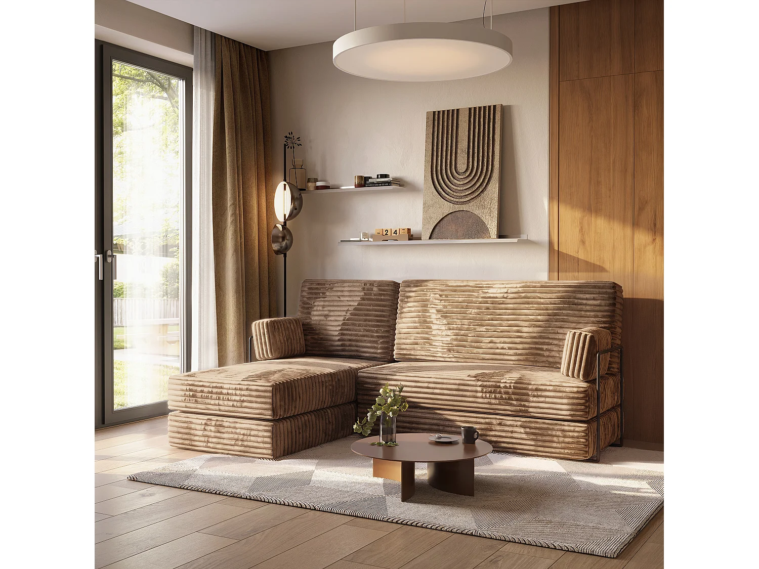 Canapé convertible compressé NOTIA, avec cadre métallique, velours côtelé TILIA Beige