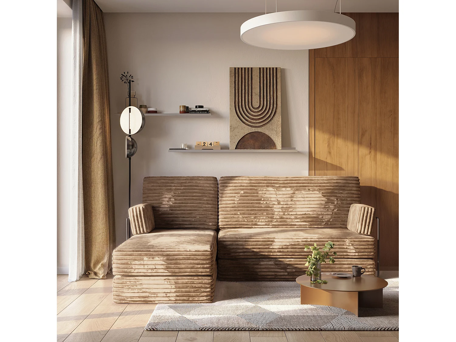 Canapé convertible compressé NOTIA, avec cadre métallique, velours côtelé TILIA Beige