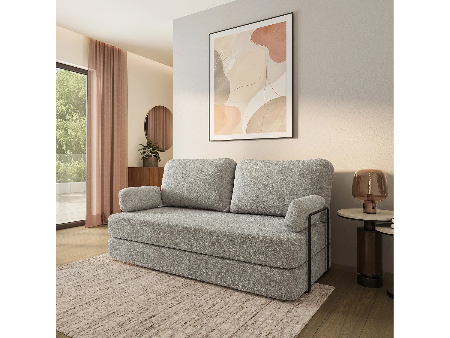 Canapé compressé NIKSI avec cadre métallique, Tissu bouclé, Gris clair